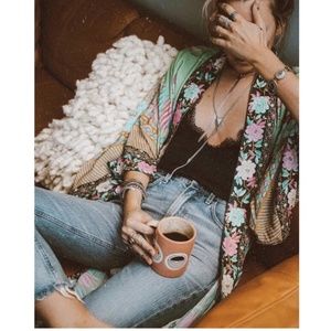 Bohemian Mint Green Floral Print Cut out Sleeve Belted Kimono Cover up